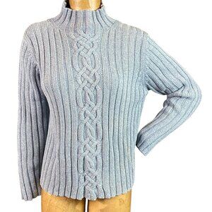 L.L. Bean Mock Neck Ribbed Knit Cotton Sweater Sz L Blue #117T